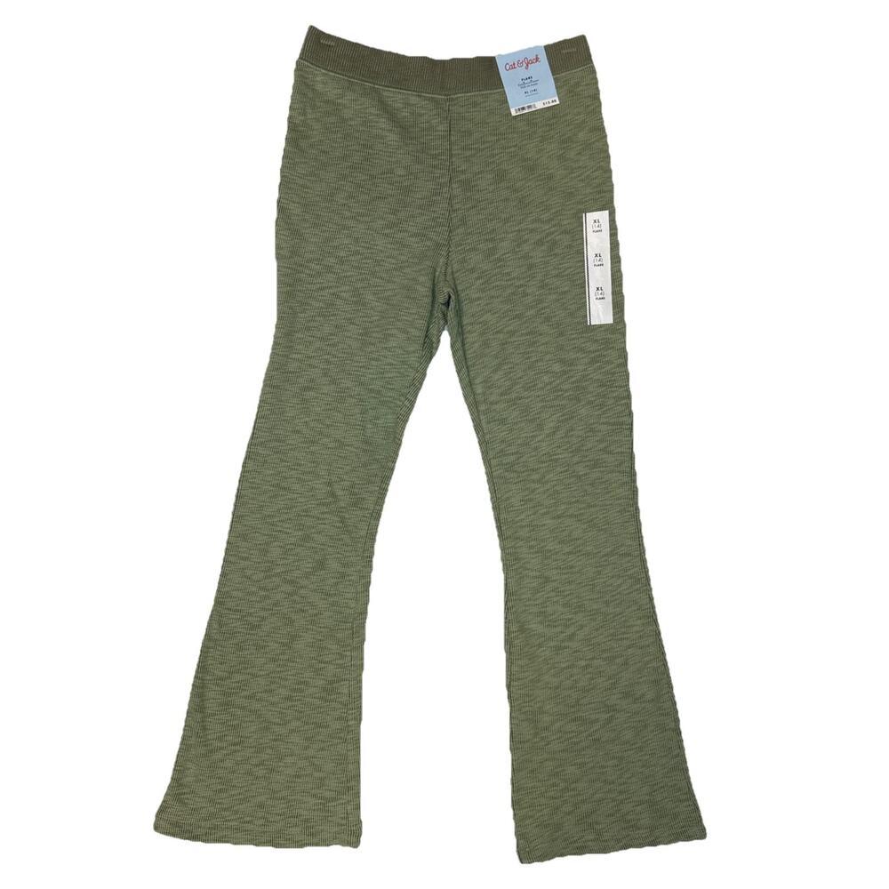 Cat & Jack Girls Ribbed Flare Sweatpants Reinforced Knees Olv Green Sz XL (14)
